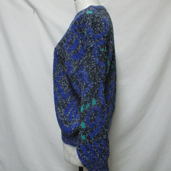 Men's Blue and Green Patterned Crewneck Sweater - Picture 7 of 12